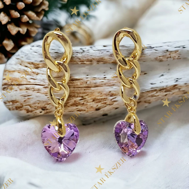 Noemi 14K Gold Filled antiallergén szíves fülbevaló lila