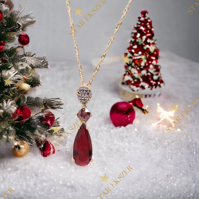 Kelen Gold Filled, nyaklánc köves medállal 45cm piros