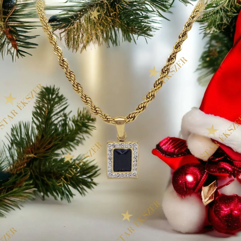 Ingrid 14K szögletes medálos Nemesacél nyaklánc 50cm fekete