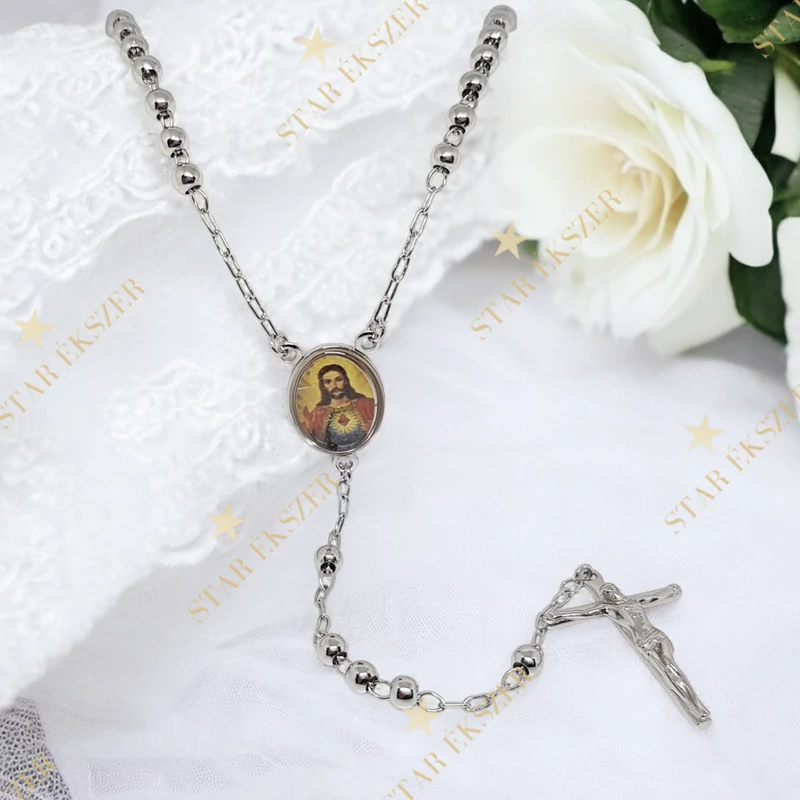 Jézusos 18K White Gold Filled antiallergén rózsafűzér