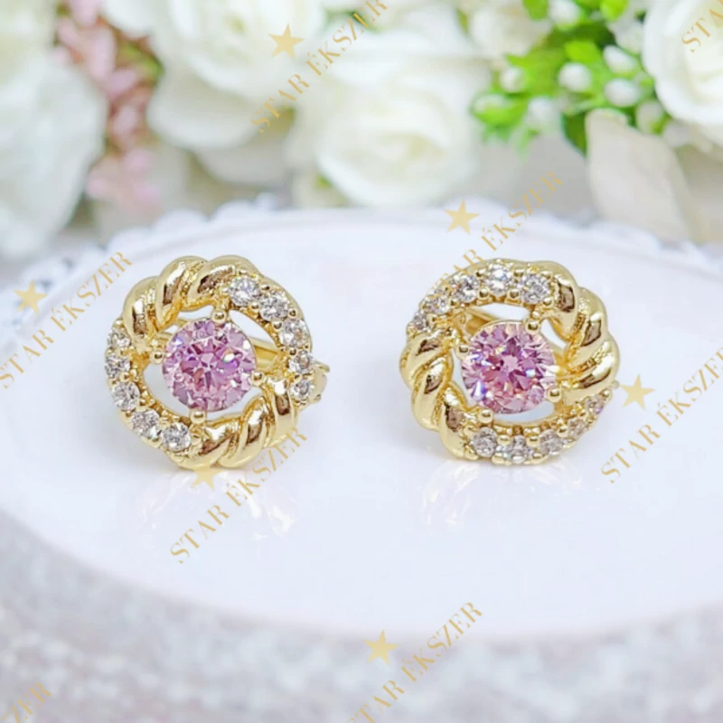 Maira 14K GF. antiallergén virág fülbevaló pink