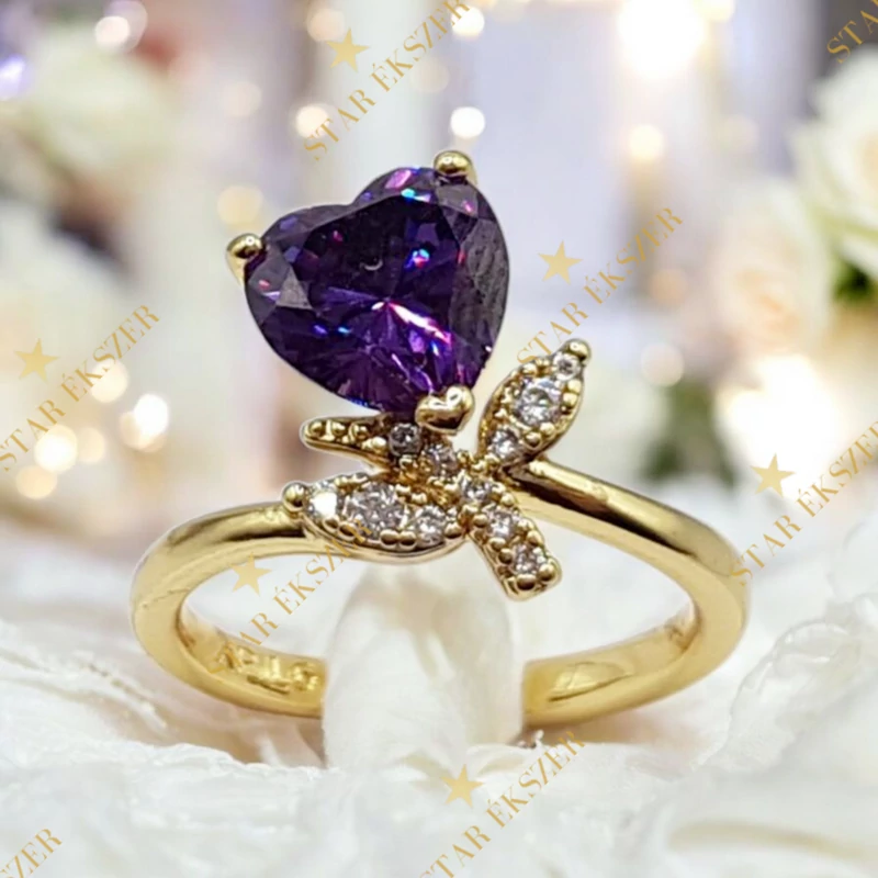 Dalida 14K antiallergén szíves gyűrű 57-es lila