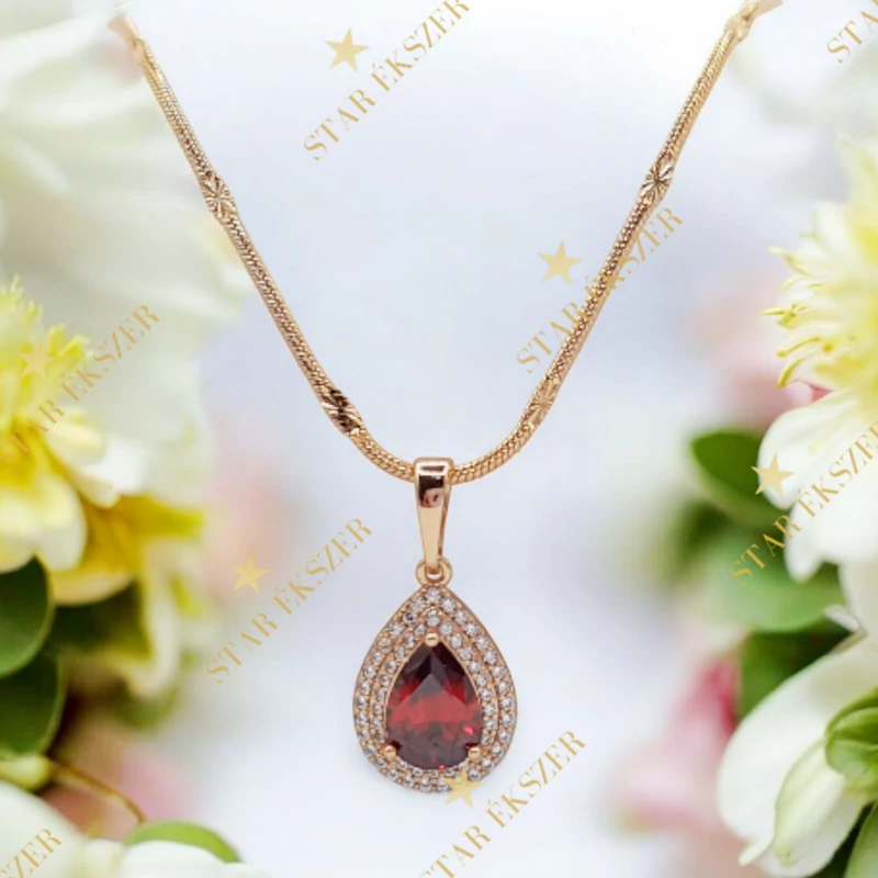 Trois 18K antiallergén csepp medálos nyaklánc 45cm piros