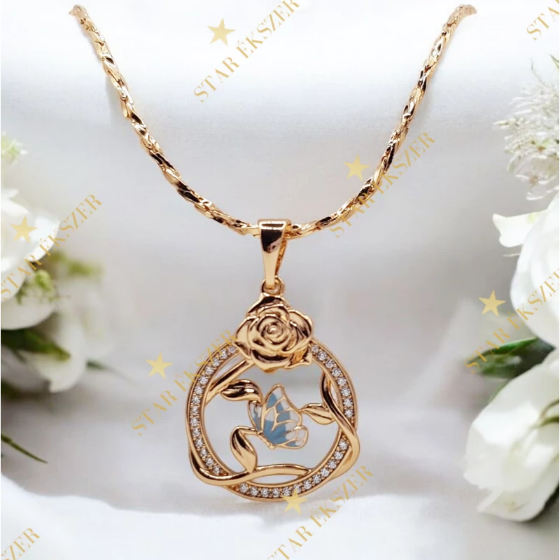 Winni 18K GF. antiallergén rózsa medálos nyaklánc 45cm kék