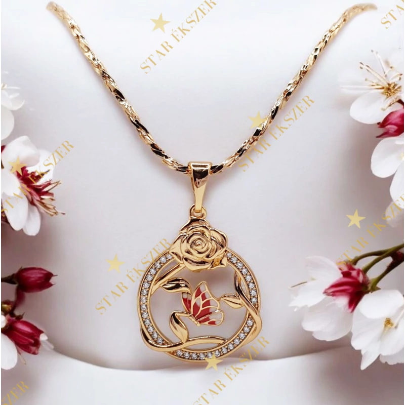 Winni 18K GF. antiallergén rózsa medálos nyaklánc 45cm piros